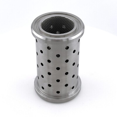 Stainless steel cylindrical filter with multiple holes and a mesh screen inside, shown on a plain white background.