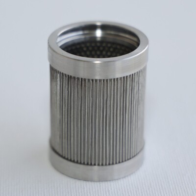 Cylindrical metal mesh filter with a pleated surface, standing upright on a white background.