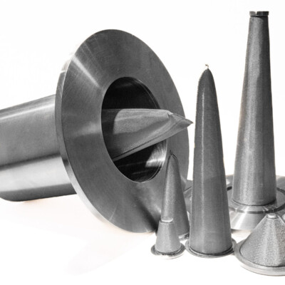 Several metallic conical and cylindrical industrial parts are displayed on a white background.